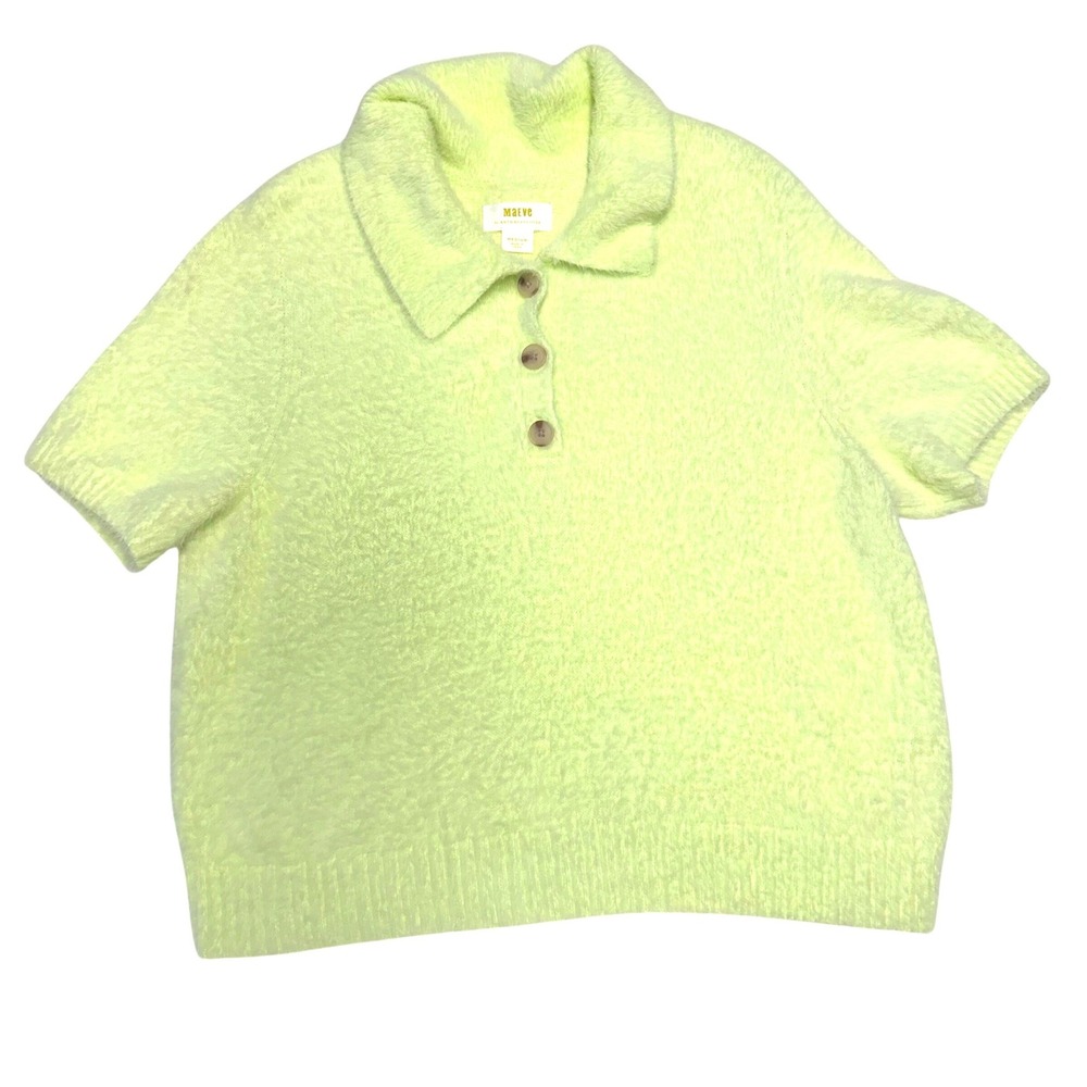 Maeve Anthropologie Neon Lime Green Fuzzy Knit Short Sleeve Polo Sweater Medium